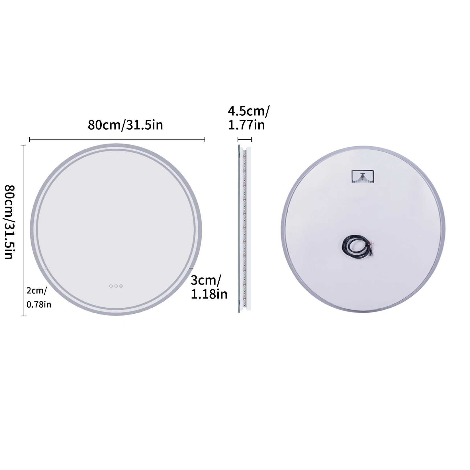 Zanekio™ Miroir LED Rond 80 cm Antibuée avec Éclairage Tactile